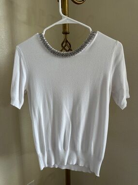 Zara White Short Sleeve Top with Crystal-Embellished Crewneck